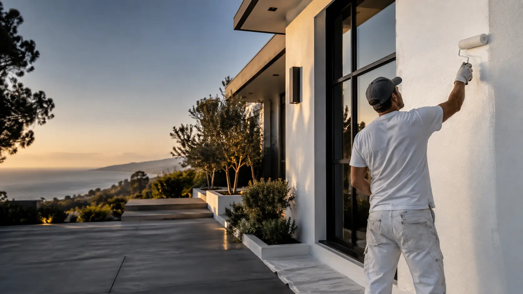 Professional painter applying a clean white finish to a modern home exterior